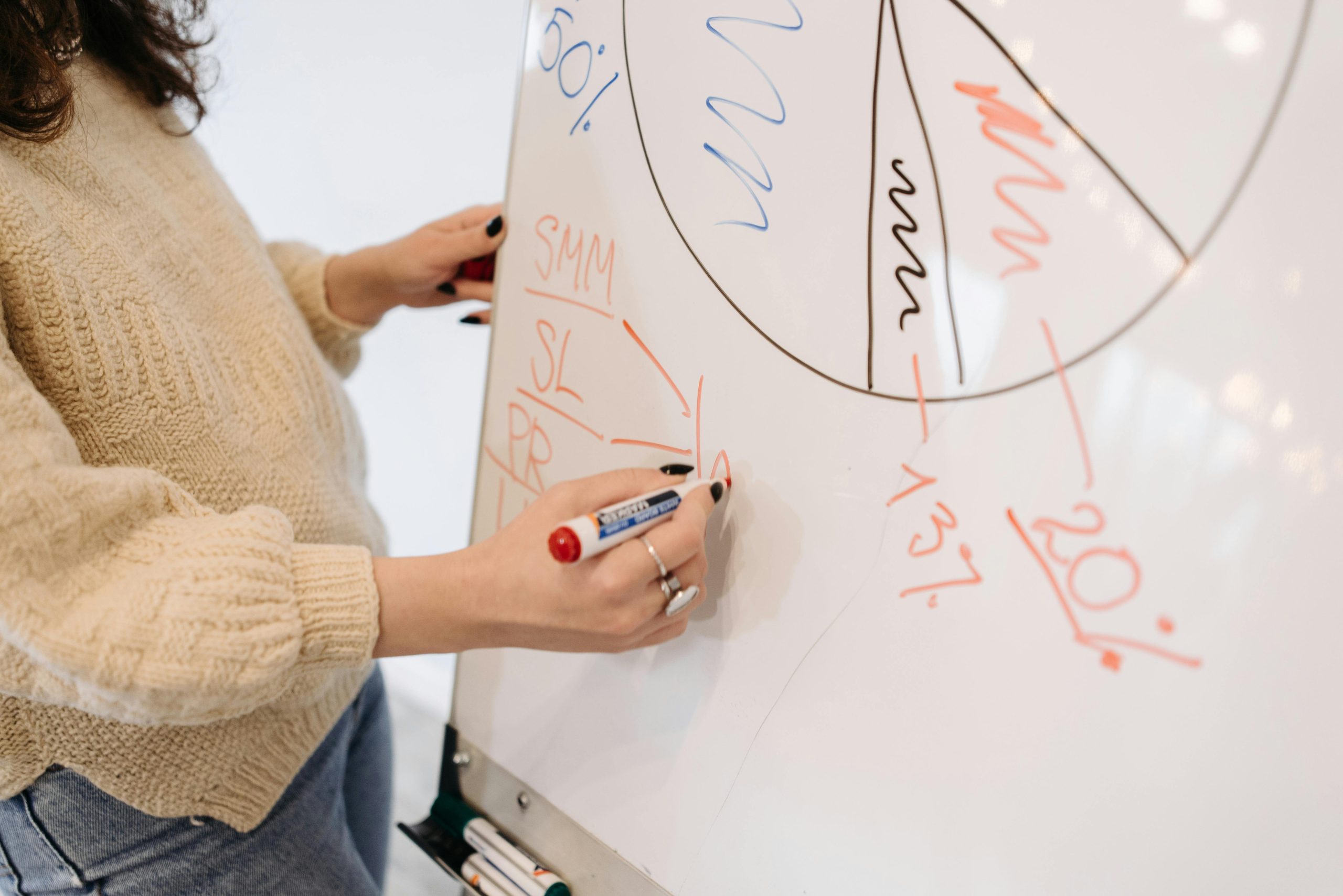 pexels-photo-6340674-6340674 Close-up of a woman creating a pie chart on a whiteboard during a business presentation.